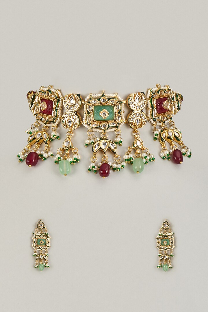 Gold Finish Kundan Polki & Red Stone Choker Necklace Set by VASTRAA Jewellery at Pernia's Pop Up Shop