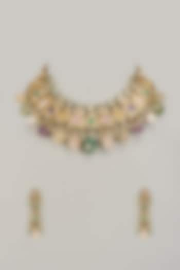 Gold Finish Kundan Polki & Multi-Colored Stone Necklace Set by VASTRAA Jewellery at Pernia's Pop Up Shop