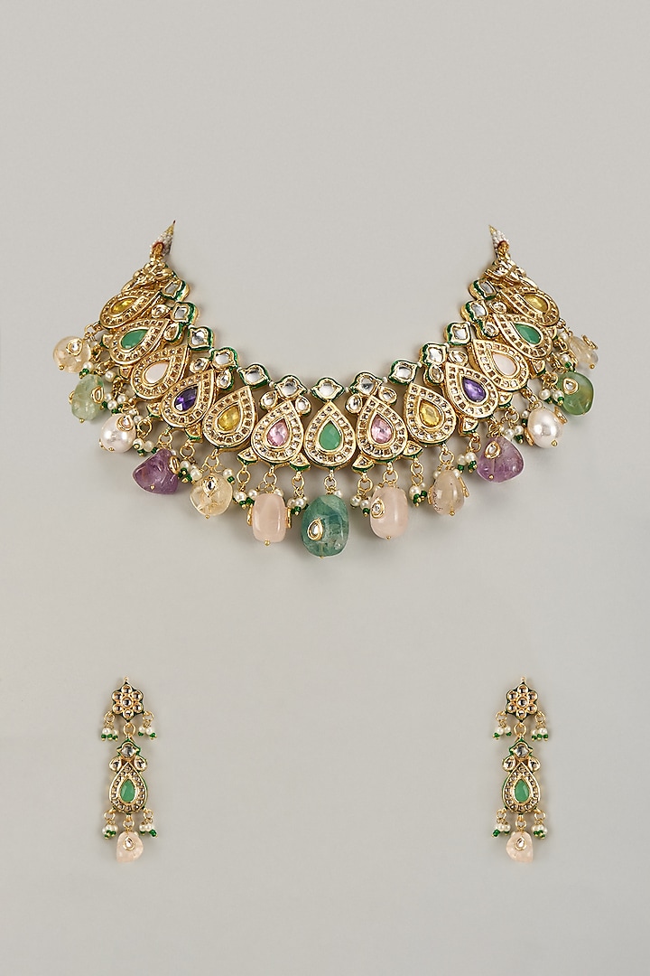 Gold Finish Kundan Polki & Multi-Colored Stone Necklace Set by VASTRAA Jewellery at Pernia's Pop Up Shop