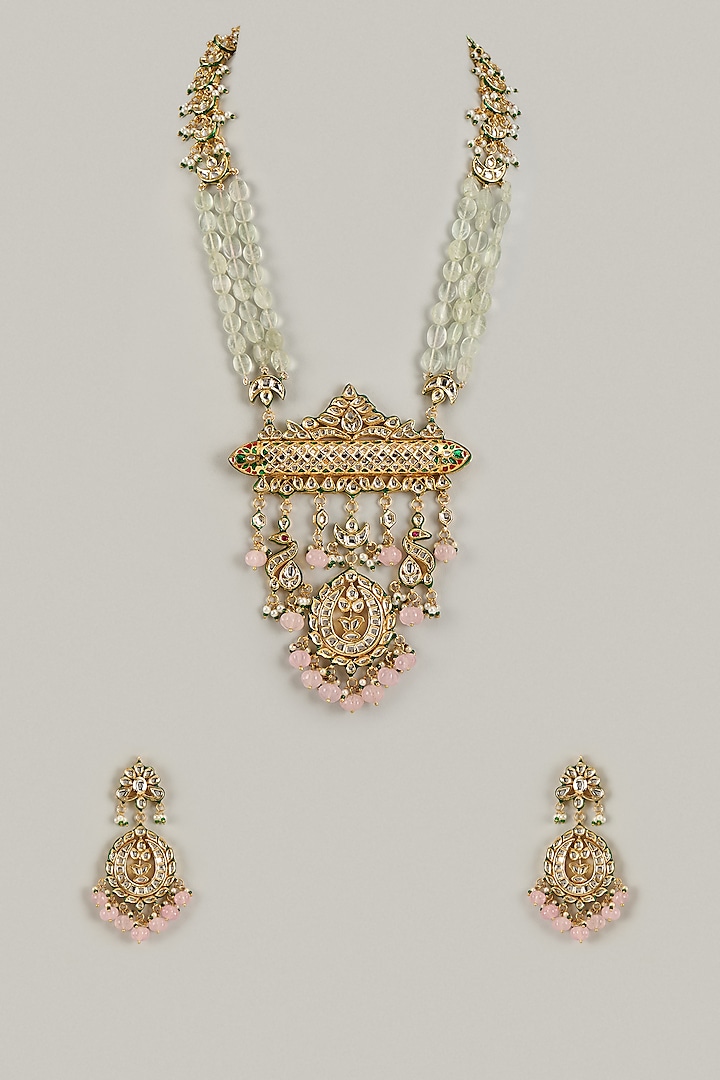 Gold Finish Kundan Polki & Green Stone Long Necklace Set by VASTRAA Jewellery at Pernia's Pop Up Shop