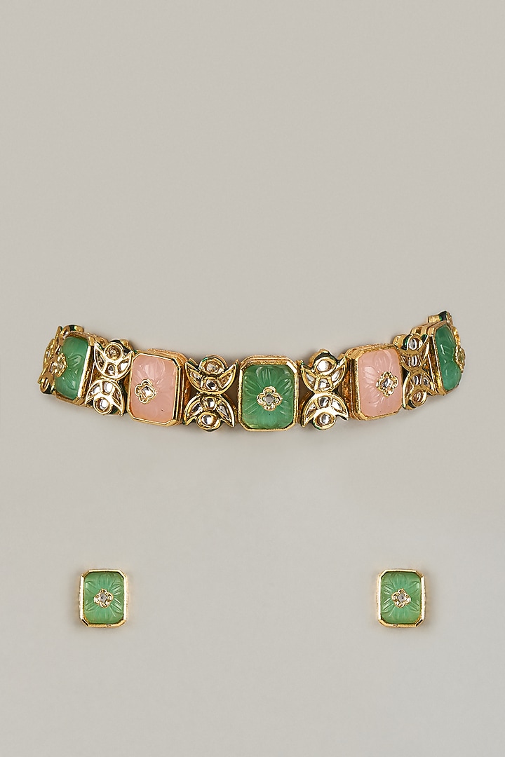 Gold Finish Kundan Polki & Multi-Colored Stone Choker Necklace Set by VASTRAA Jewellery at Pernia's Pop Up Shop