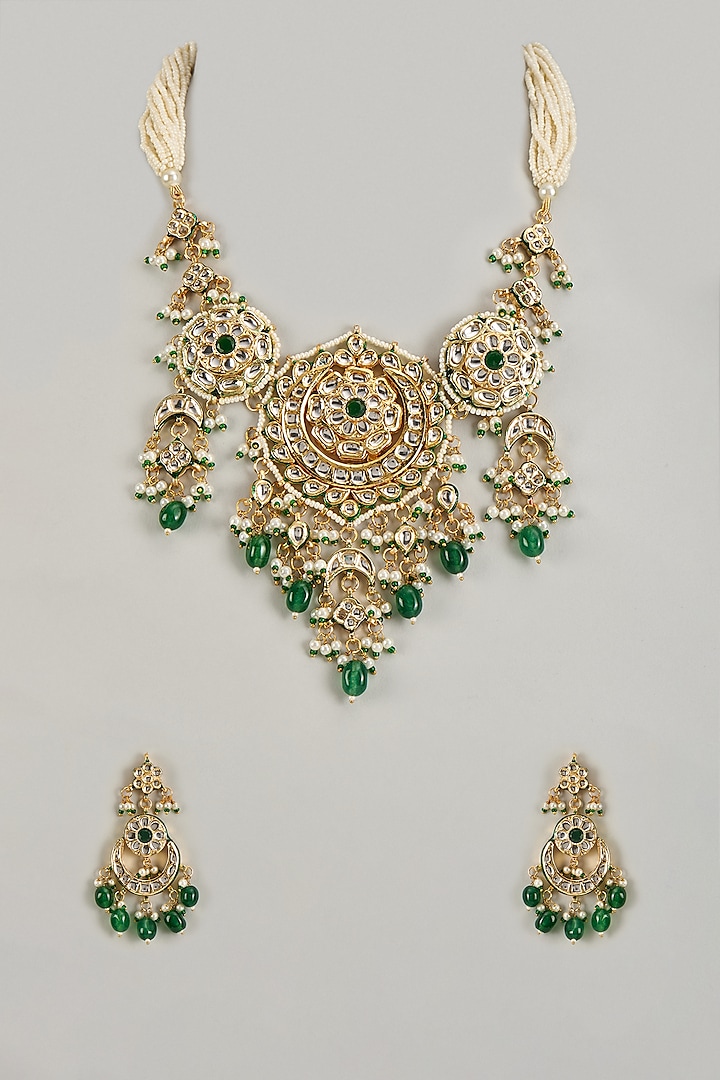 Gold Finish Kundan Polki & Emerald Green Synthetic Stone Necklace Set by VASTRAA Jewellery at Pernia's Pop Up Shop