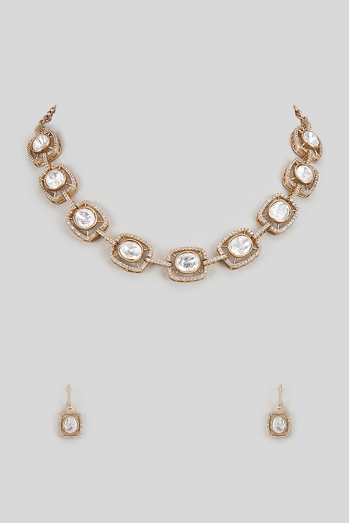 Gold Finish Kundan Polki Necklace Set by VASTRAA Jewellery at Pernia's Pop Up Shop