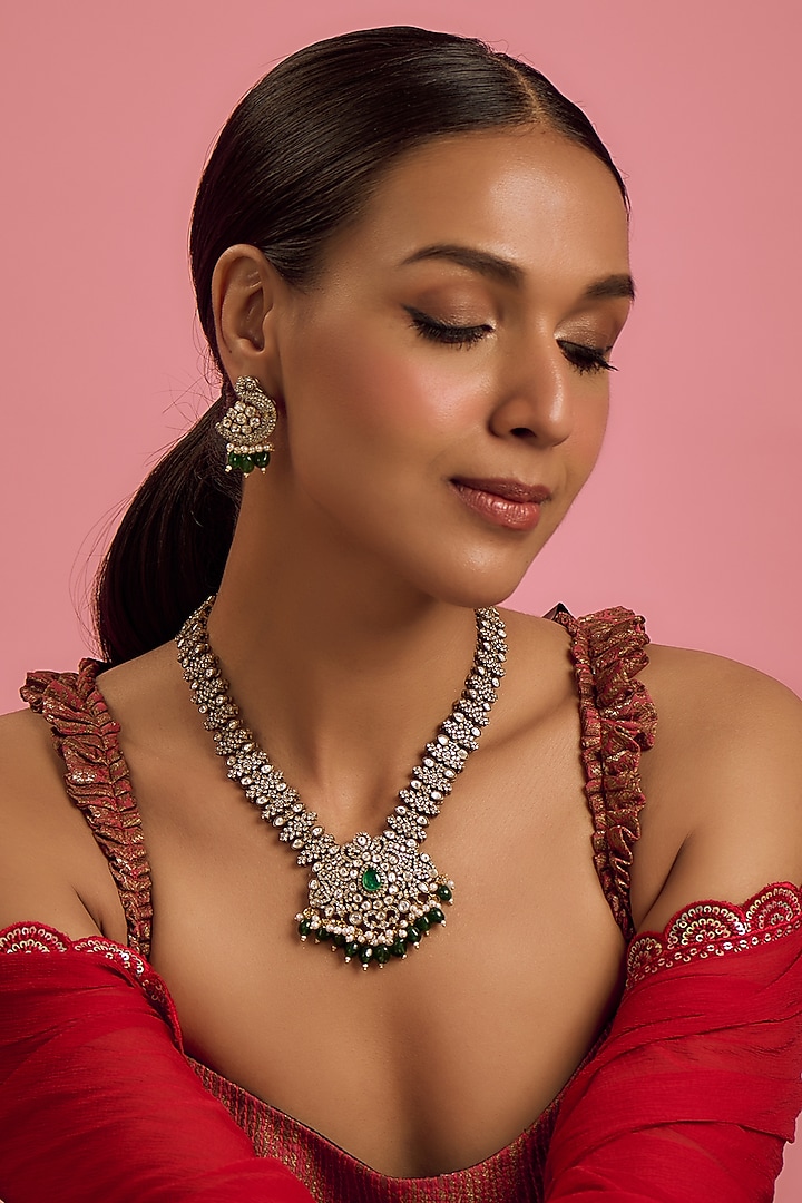 Gold Finish Kundan Polki & Emerald Synthetic Stone Necklace Set by VASTRAA Jewellery at Pernia's Pop Up Shop