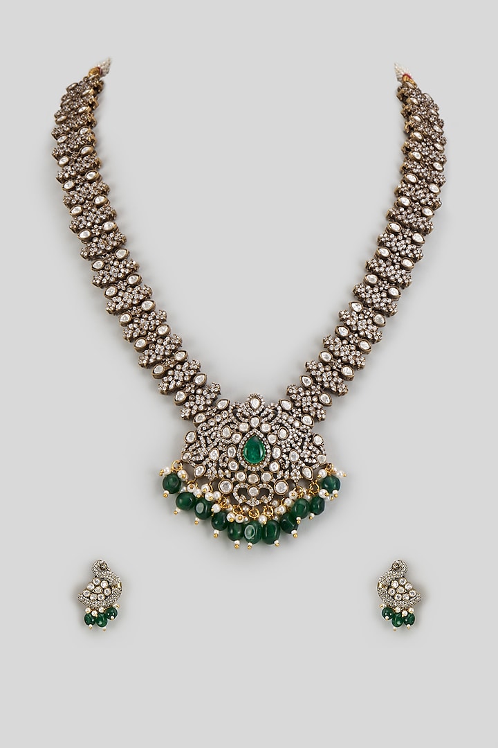 Gold Finish Kundan Polki & Emerald Synthetic Stone Necklace Set by VASTRAA Jewellery at Pernia's Pop Up Shop