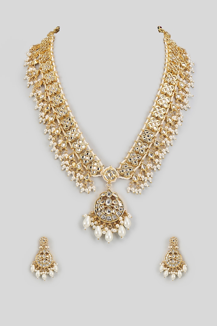 Gold Finish Kundan Polki Necklace Set by VASTRAA Jewellery at Pernia's Pop Up Shop