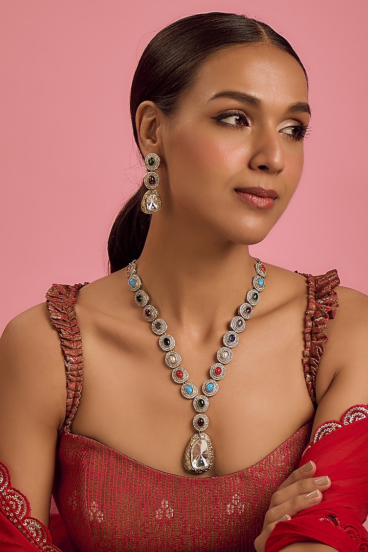 Gold Finish Kundan Polki Necklace Set by VASTRAA Jewellery at Pernia's Pop Up Shop