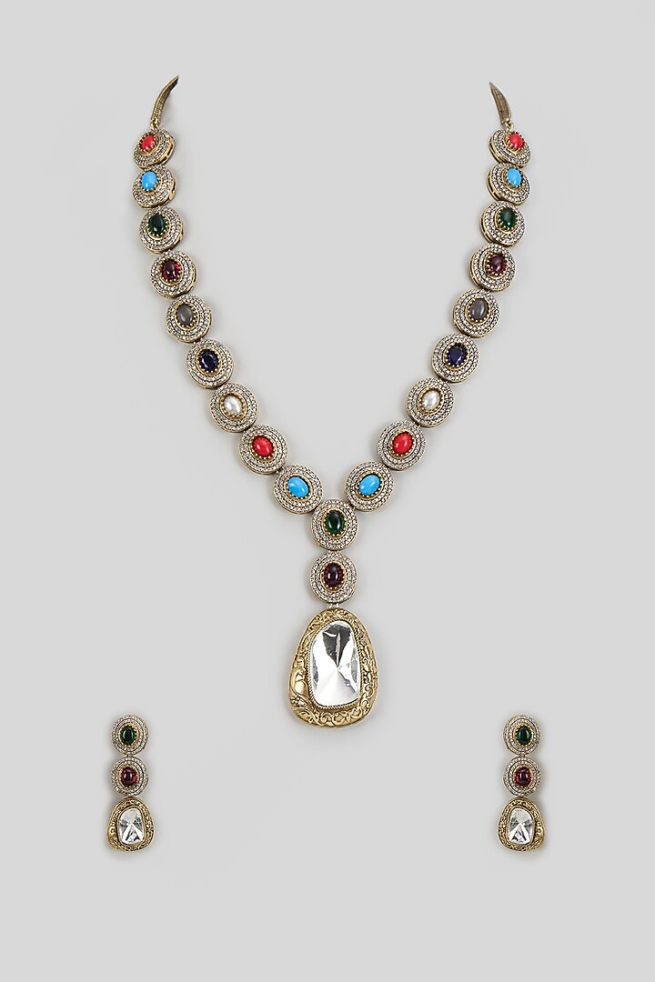 Gold Finish Kundan Polki Necklace Set by VASTRAA Jewellery at Pernia's Pop Up Shop