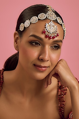 Gold Finish Kundan Polki & Ruby Synthetic Stone Mathapatti by VASTRAA Jewellery