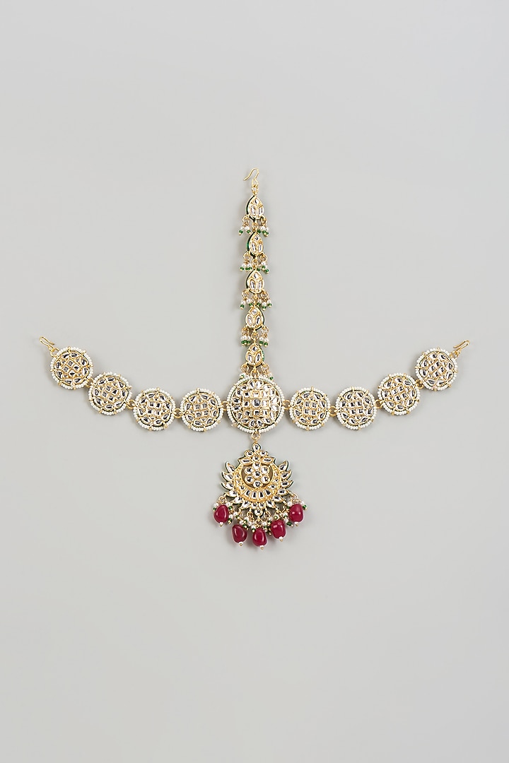 Gold Finish Kundan Polki & Ruby Synthetic Stone Mathapatti by VASTRAA Jewellery at Pernia's Pop Up Shop