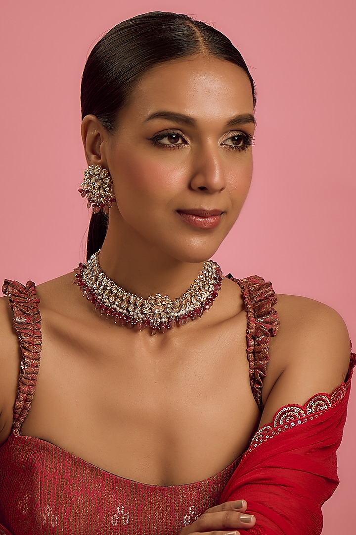 Gold Finish Kundan Polki & Ruby Synthetic Stone Necklace Set by VASTRAA Jewellery