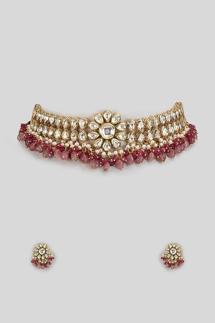 Gold Finish Kundan Polki & Ruby Synthetic Stone Necklace Set by VASTRAA Jewellery at Pernia's Pop Up Shop