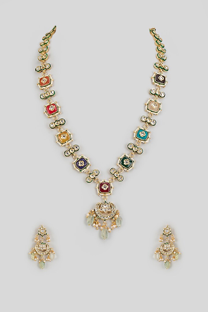 Gold Finish Kundan Polki Necklace Set by VASTRAA Jewellery at Pernia's Pop Up Shop