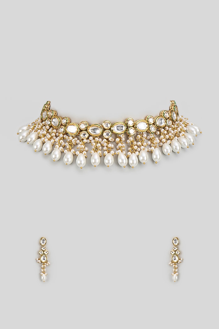 Gold Finish Kundan Polki Necklace Set by VASTRAA Jewellery at Pernia's Pop Up Shop