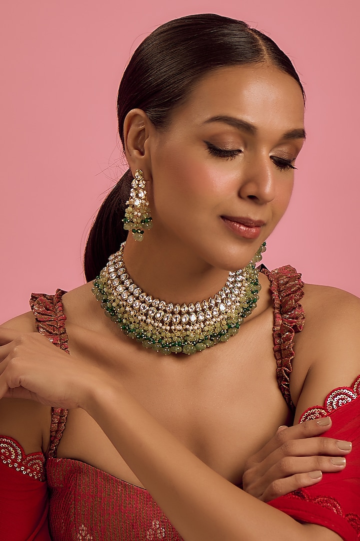 Rose Gold Finish Kundan Polki & Emerald Synthetic Stone Necklace Set by VASTRAA Jewellery