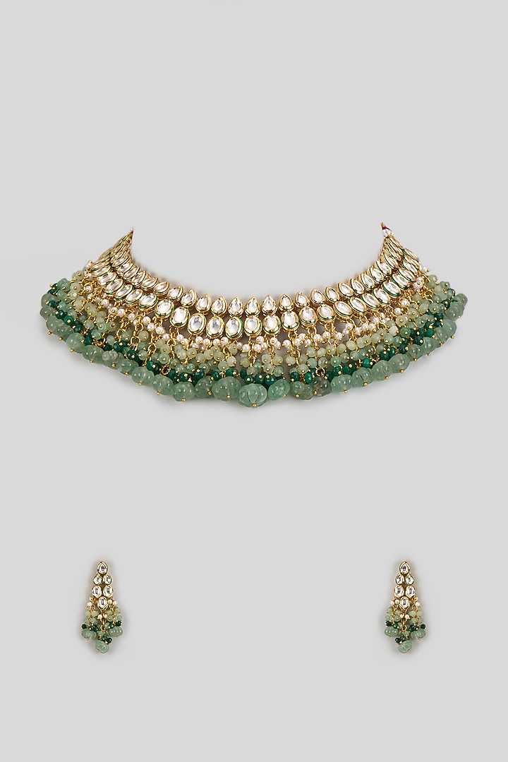 Rose Gold Finish Kundan Polki & Emerald Synthetic Stone Necklace Set by VASTRAA Jewellery at Pernia's Pop Up Shop