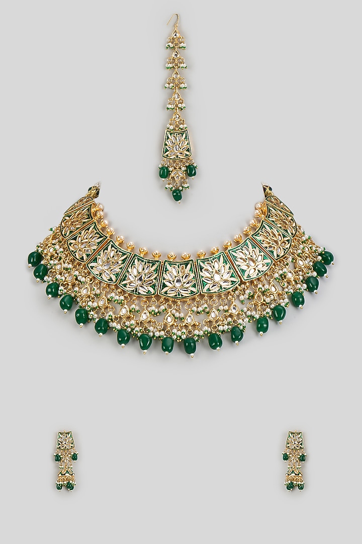 Rose Gold Finish Kundan Polki & Emerald Synthetic Stone Necklace Set by VASTRAA Jewellery at Pernia's Pop Up Shop