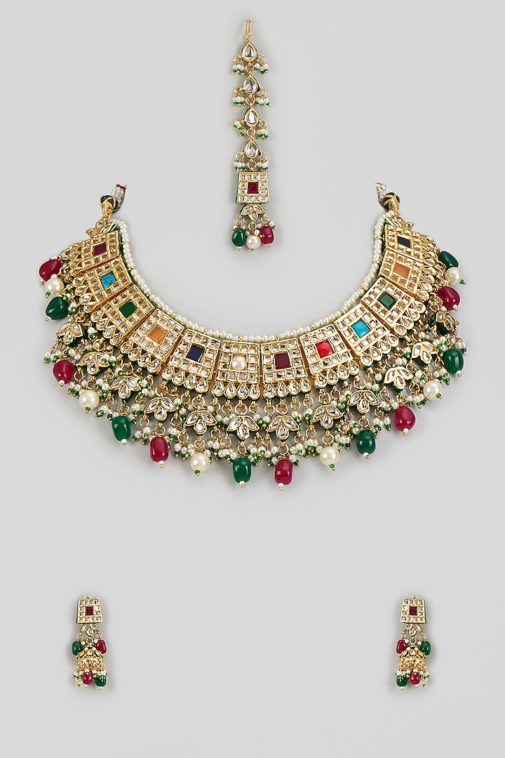Gold Finish Kundan Polki Necklace Set by VASTRAA Jewellery at Pernia's Pop Up Shop