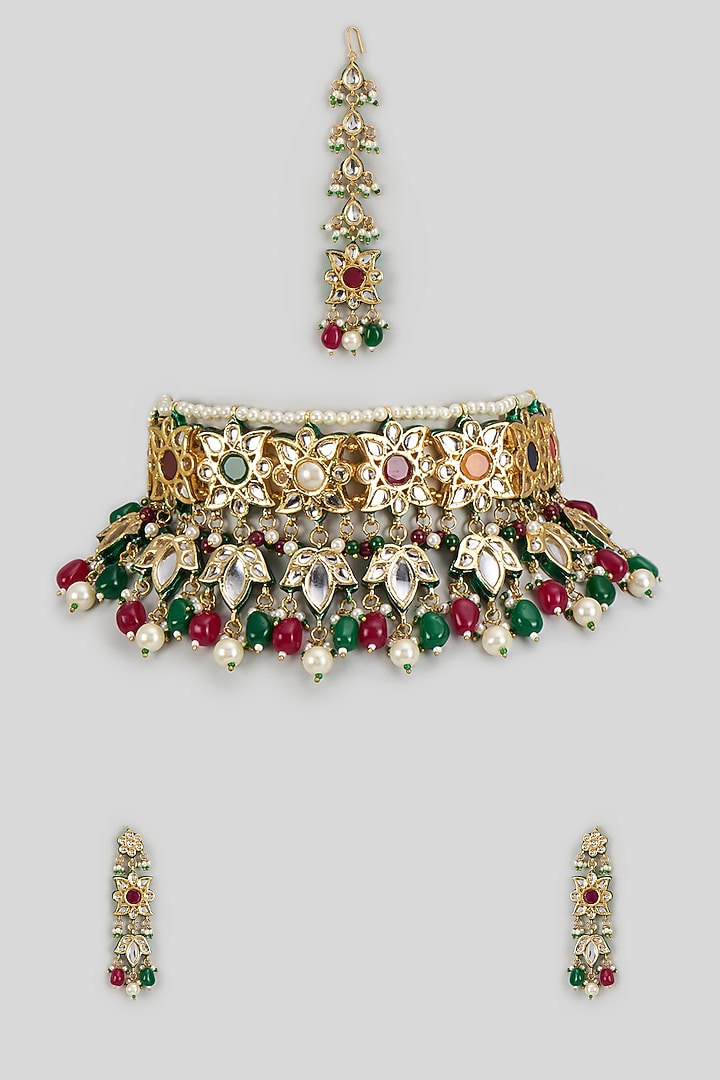 Gold Finish Kundan Polki Necklace Set by VASTRAA Jewellery at Pernia's Pop Up Shop