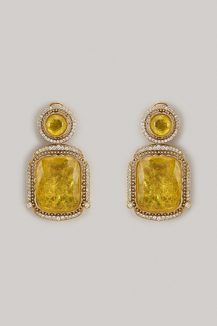 Gold Finish Kundan Polki & Yellow Stone Dangler Earrings by VASTRAA Jewellery at Pernia's Pop Up Shop