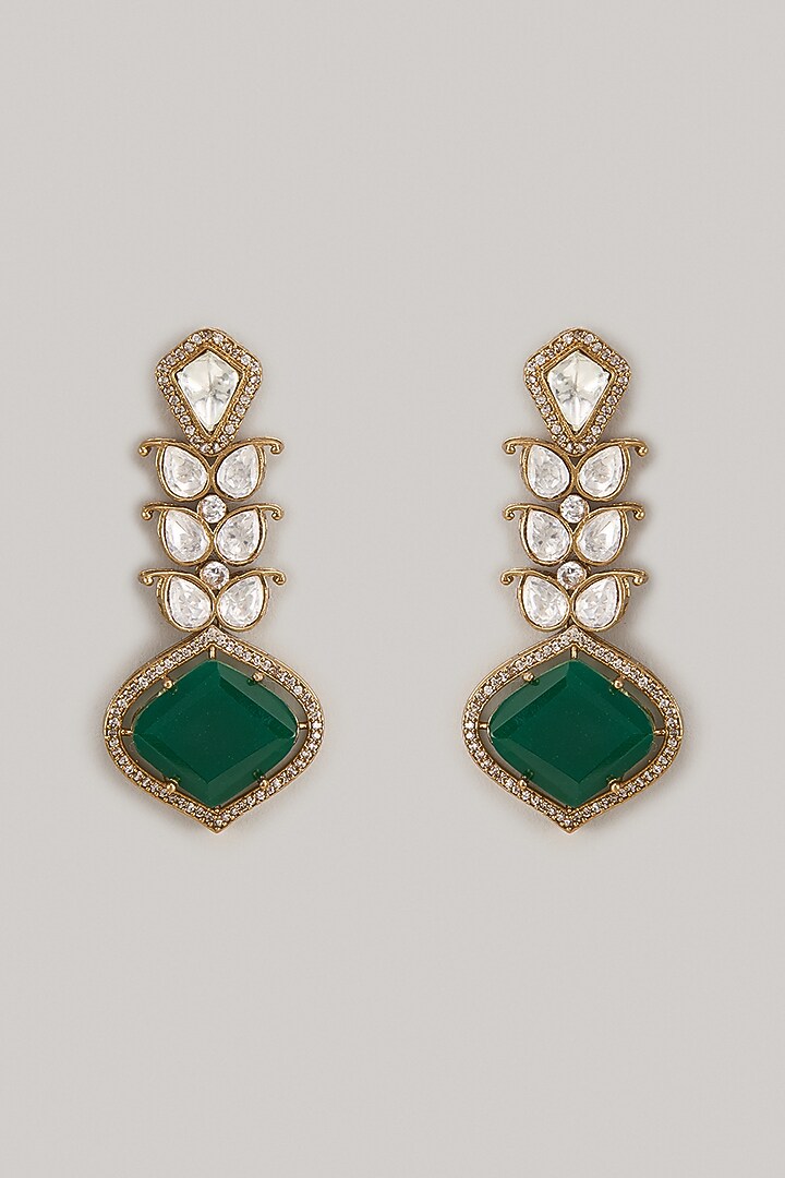 Gold Finish Kundan Polki & Green Stone Dangler Earrings by VASTRAA Jewellery at Pernia's Pop Up Shop