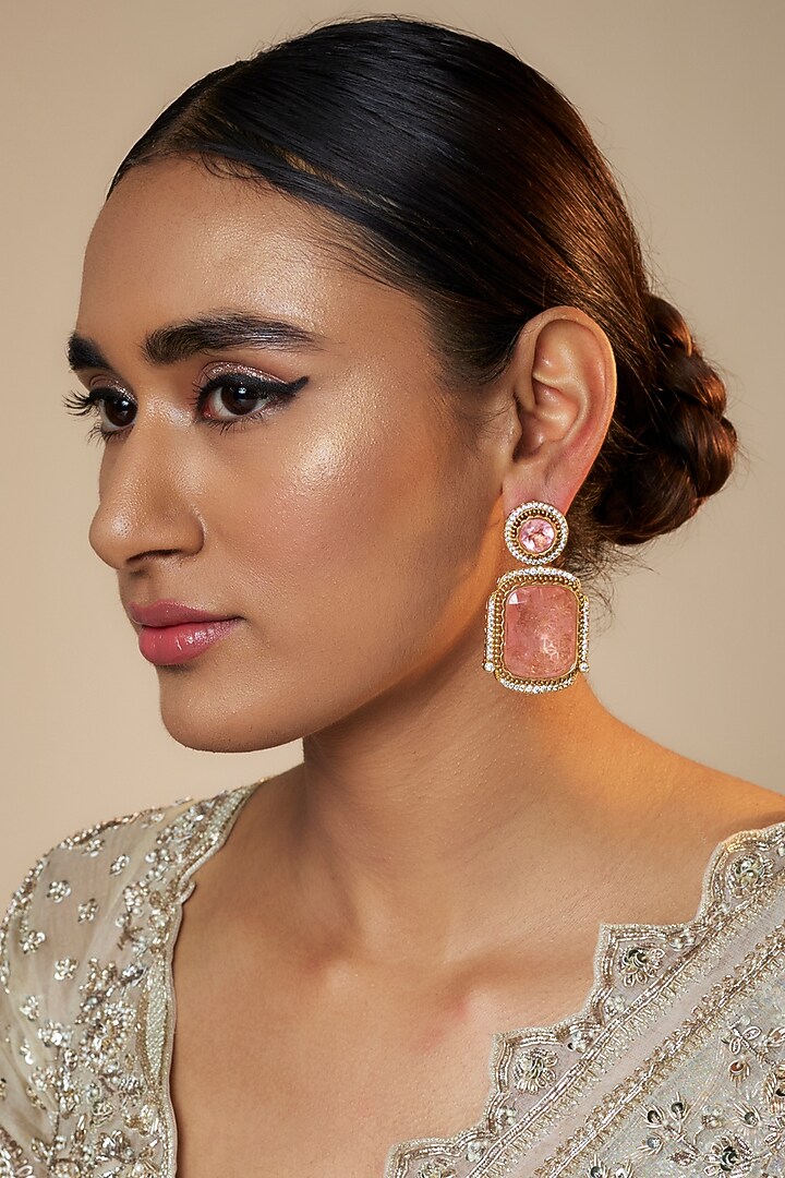 Gold Finish Kundan Polki & Pink Stone Dangler Earrings by VASTRAA Jewellery at Pernia's Pop Up Shop
