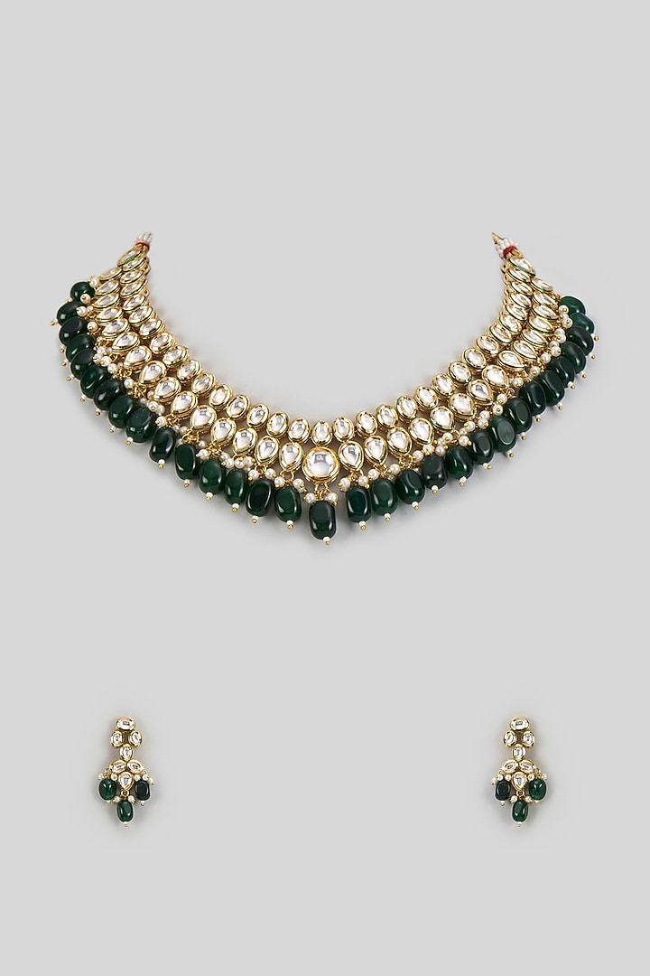 Gold Finish Kundan Polki & Emerald Synthetic Stone Necklace Set by VASTRAA Jewellery at Pernia's Pop Up Shop