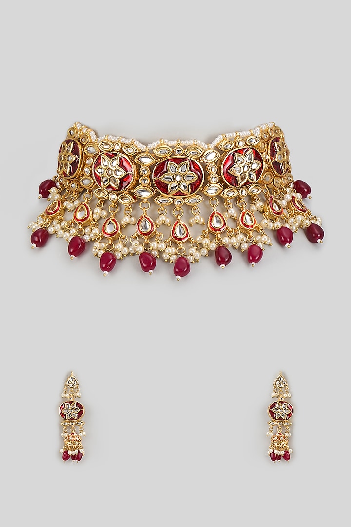 Gold Finish Kundan Polki & Ruby Synthetic Stone Necklace Set by VASTRAA Jewellery at Pernia's Pop Up Shop