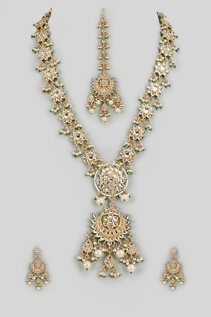 Gold Finish Kundan Polki Necklace Set by VASTRAA Jewellery at Pernia's Pop Up Shop
