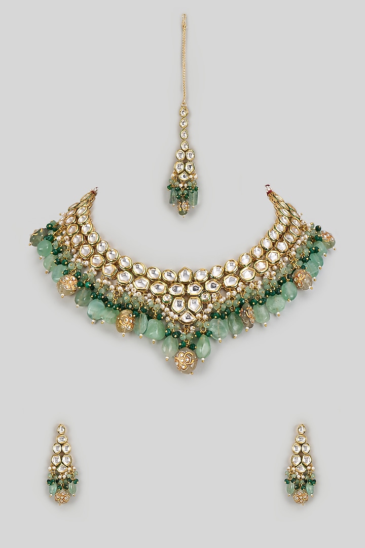 Gold Finish Kundan Polki & Emerald Synthetic Stone Necklace Set by VASTRAA Jewellery at Pernia's Pop Up Shop