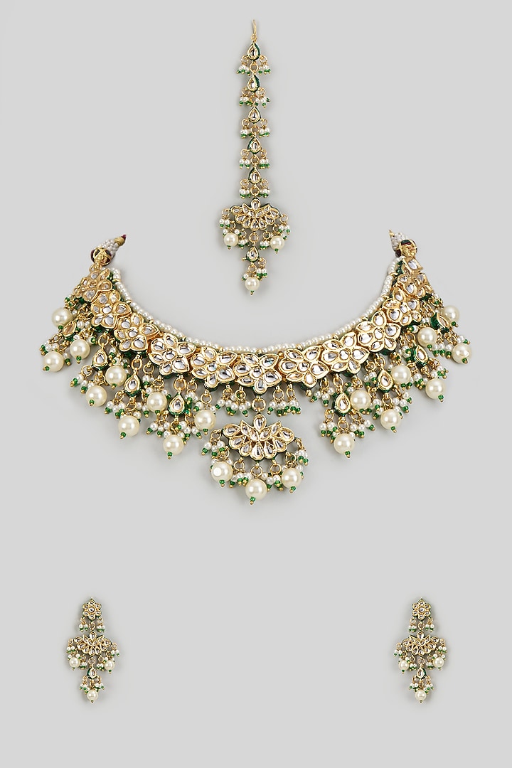 Gold Finish Kundan Polki Necklace Set by VASTRAA Jewellery at Pernia's Pop Up Shop