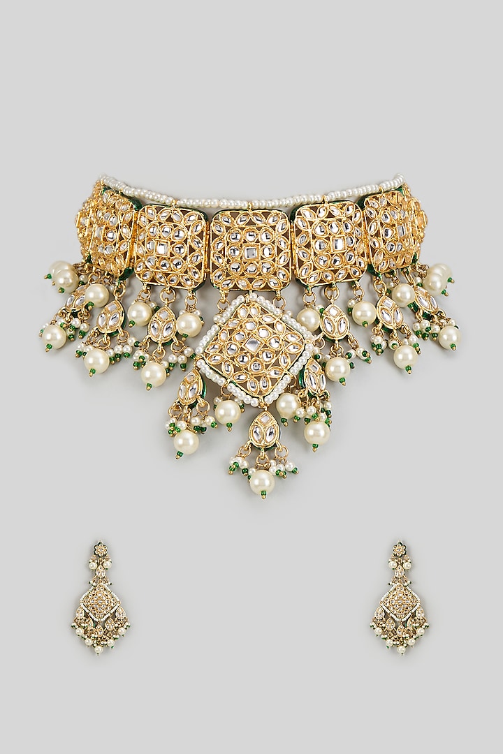 Gold Finish Kundan Polki Necklace Set by VASTRAA Jewellery at Pernia's Pop Up Shop