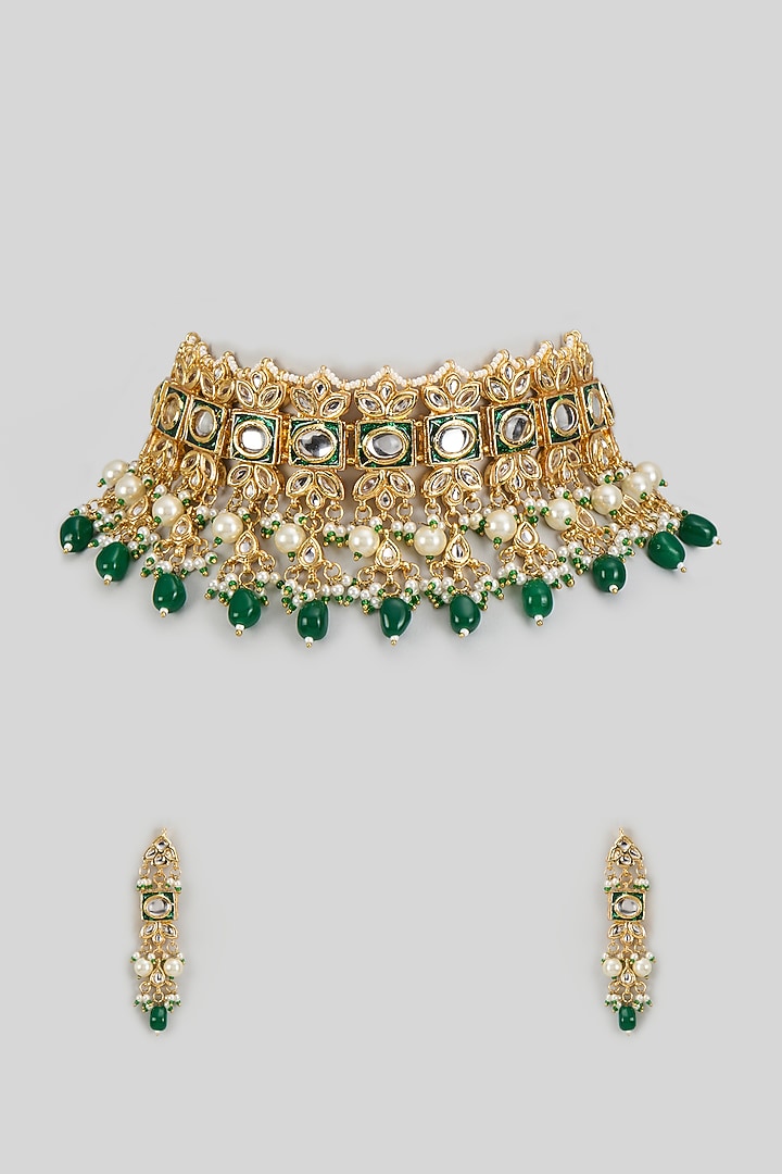 Gold Finish Kundan Polki & Emerald Synthetic Stone Necklace Set by VASTRAA Jewellery at Pernia's Pop Up Shop