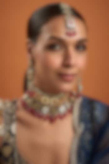 Gold Finish Kundan Polki & Ruby Synthetic Stone Necklace Set by VASTRAA Jewellery at Pernia's Pop Up Shop