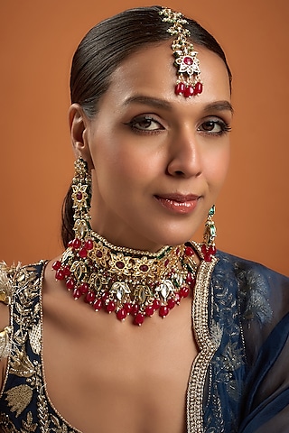 Gold Finish Kundan Polki & Ruby Synthetic Stone Necklace Set by VASTRAA Jewellery