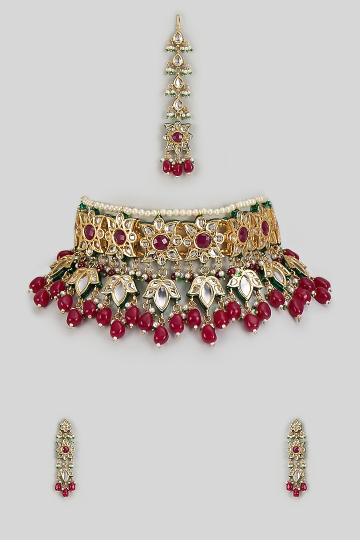 Gold Finish Kundan Polki & Ruby Synthetic Stone Necklace Set by VASTRAA Jewellery at Pernia's Pop Up Shop