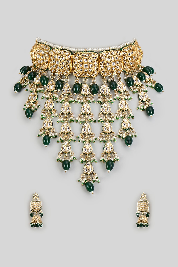 Gold Finish Kundan Polki & Emerald Synthetic Stone Necklace Set by VASTRAA Jewellery at Pernia's Pop Up Shop