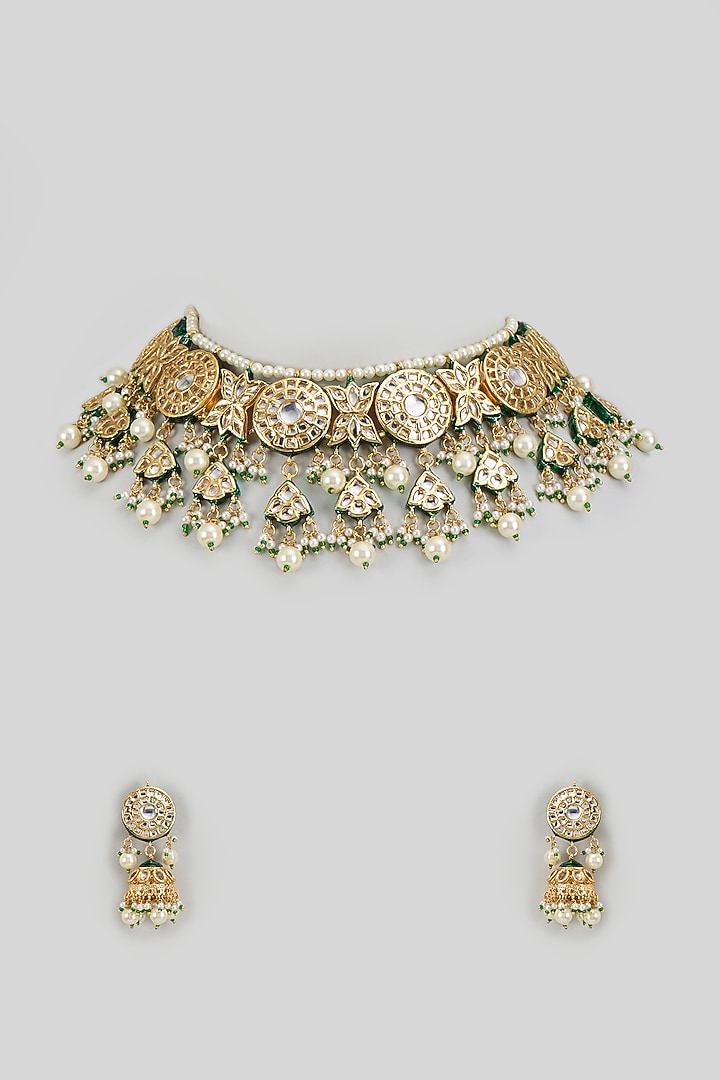 Gold Finish Kundan Polki & Emerald Synthetic Stone Necklace Set by VASTRAA Jewellery at Pernia's Pop Up Shop