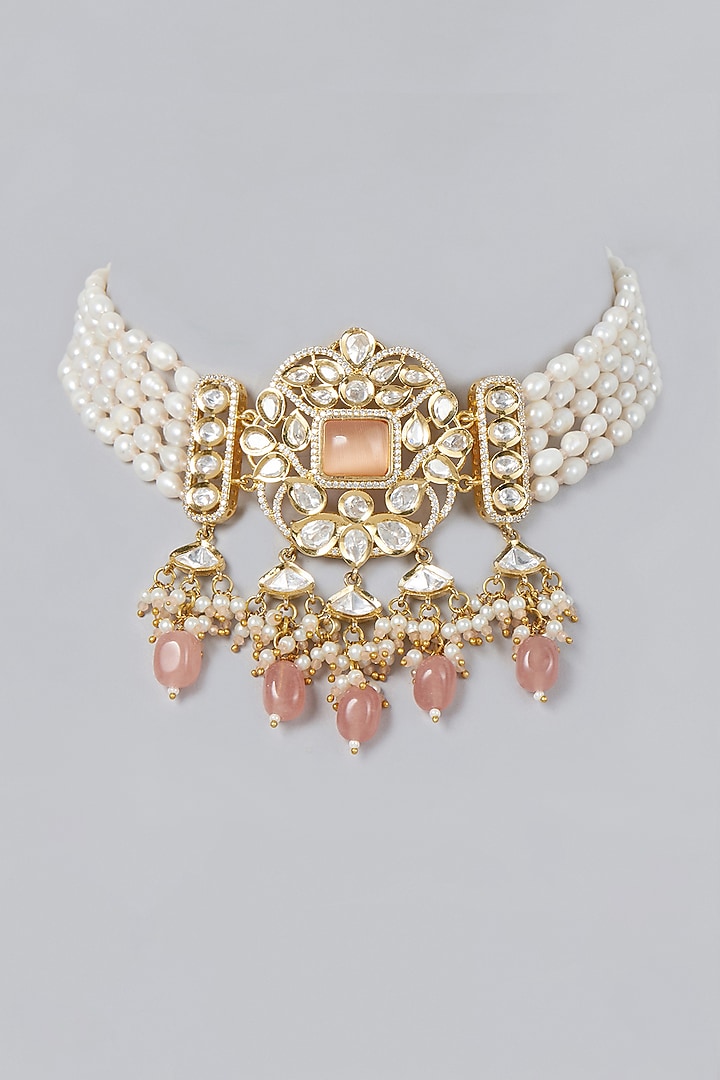 Gold Finish Kundan Polki & Pink Stone Choker Necklace by VASTRAA Jewellery at Pernia's Pop Up Shop