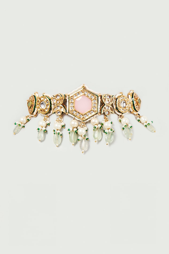 Gold Finish Kundan Polki & Pink Stone Choker Necklace by VASTRAA Jewellery at Pernia's Pop Up Shop