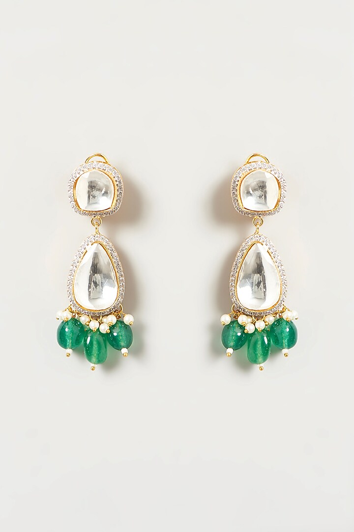 Gold Finish Kundan Polki & Green Stone Dangler Earrings by VASTRAA Jewellery at Pernia's Pop Up Shop