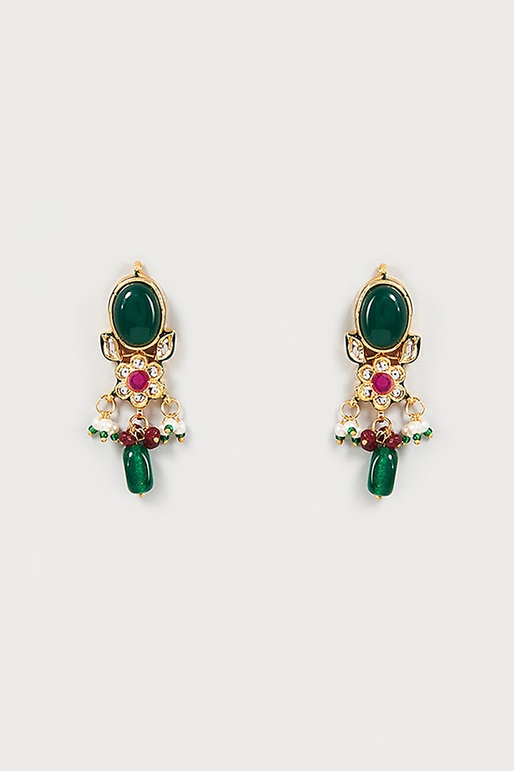 Gold Finish Kundan Polki & Green Stone Dangler Earrings by VASTRAA Jewellery at Pernia's Pop Up Shop