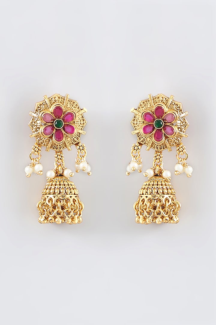 Gold Finish Kundan Polki Temple Jhumka Earrings by VASTRAA Jewellery at Pernia's Pop Up Shop