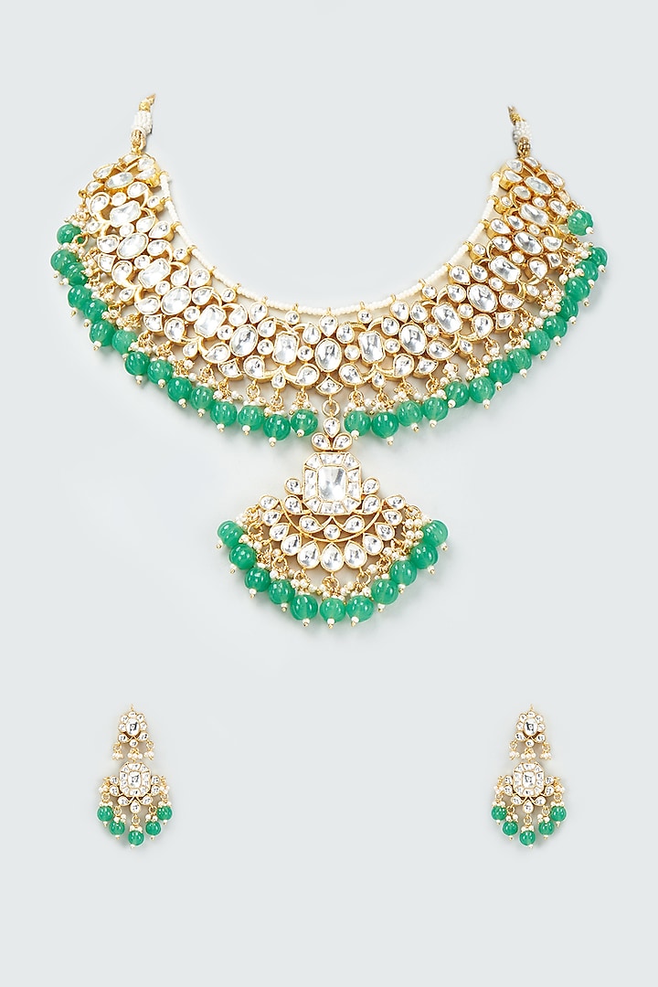 Gold Finish Kundan Polki & Green Stone Necklace Set by VASTRAA Jewellery at Pernia's Pop Up Shop