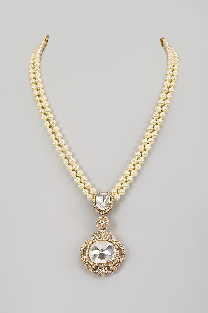Gold Finish Kundan Polki & Pearl Long Necklace by VASTRAA Jewellery at Pernia's Pop Up Shop