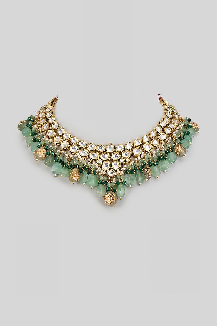 Gold Finish Kundan Polki & Emerald Necklace by VASTRAA Jewellery at Pernia's Pop Up Shop