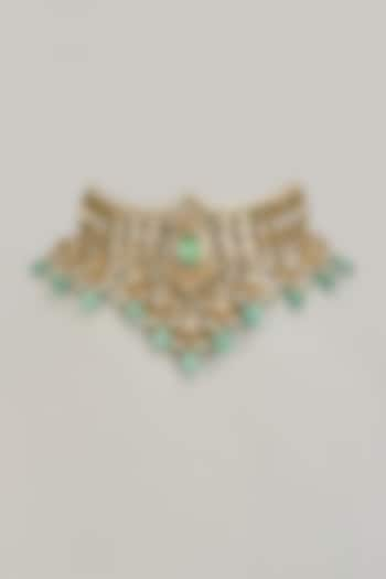 Gold Finish Kundan Polki & Green Stone Choker Necklace by VASTRAA Jewellery at Pernia's Pop Up Shop