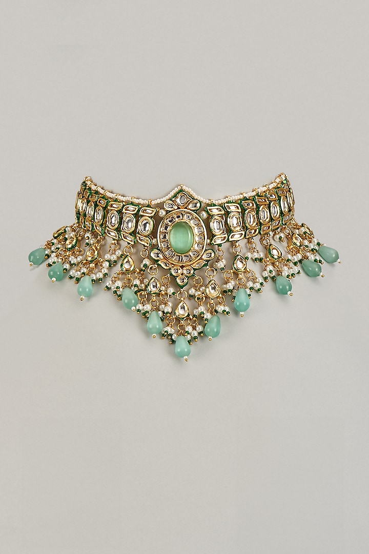 Gold Finish Kundan Polki & Green Stone Choker Necklace by VASTRAA Jewellery at Pernia's Pop Up Shop