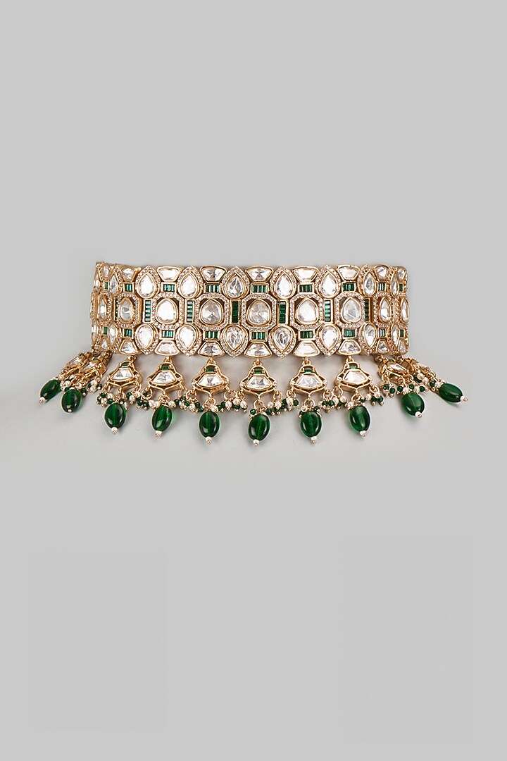 Gold Finish Kundan Polki & Green Stone Choker Necklace by VASTRAA Jewellery at Pernia's Pop Up Shop