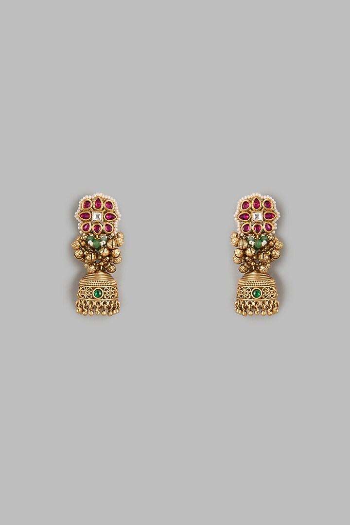 Gold Finish Red & Green Stone Dangler Earrings by VASTRAA Jewellery at Pernia's Pop Up Shop